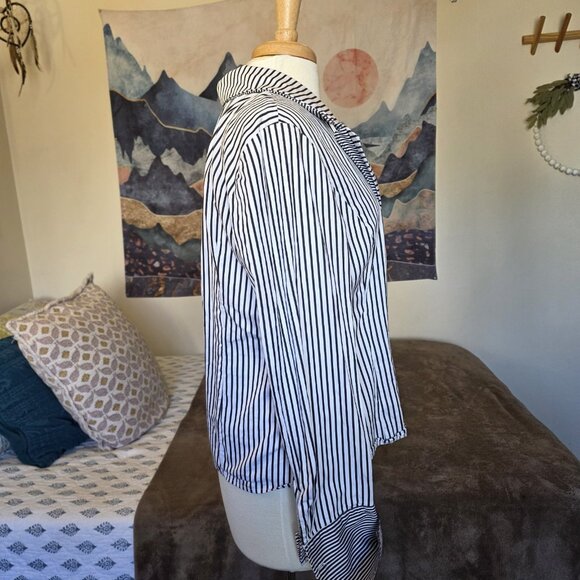 Jones New York Signature Black White Striped Wrap Blouse XL Cotton Tie Waist Top - Picture 10 of 11